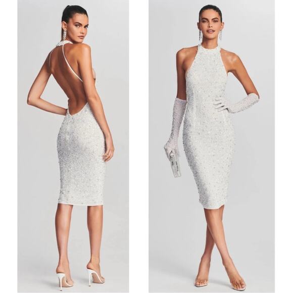 Retrofete Dresses & Skirts - Retrofete Olivia Sequin Crystal Embellished Beaded White Midi Dress Size Large